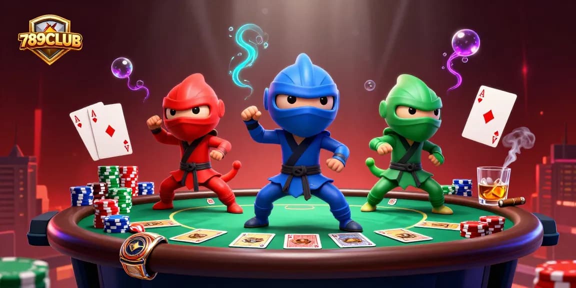 Participate in thrilling games at 789CLUB with a dynamic poker scene featuring colorful chameleons.