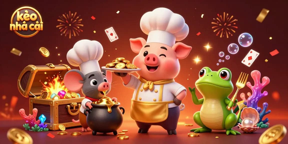 Engage in kèo nhà cái excitement with vibrant gold coins and animated casino characters.