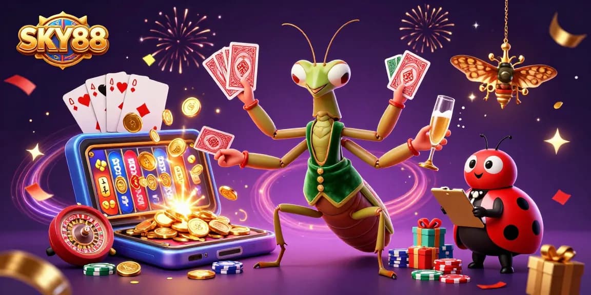 Engage with exciting gameplay at SKY88 featuring dynamic illustrations of casino characters and games.