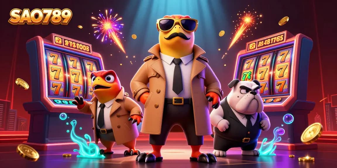 Swing into excitement at SAO789 with slot reels and raptors in a trench coat attempting casino access.