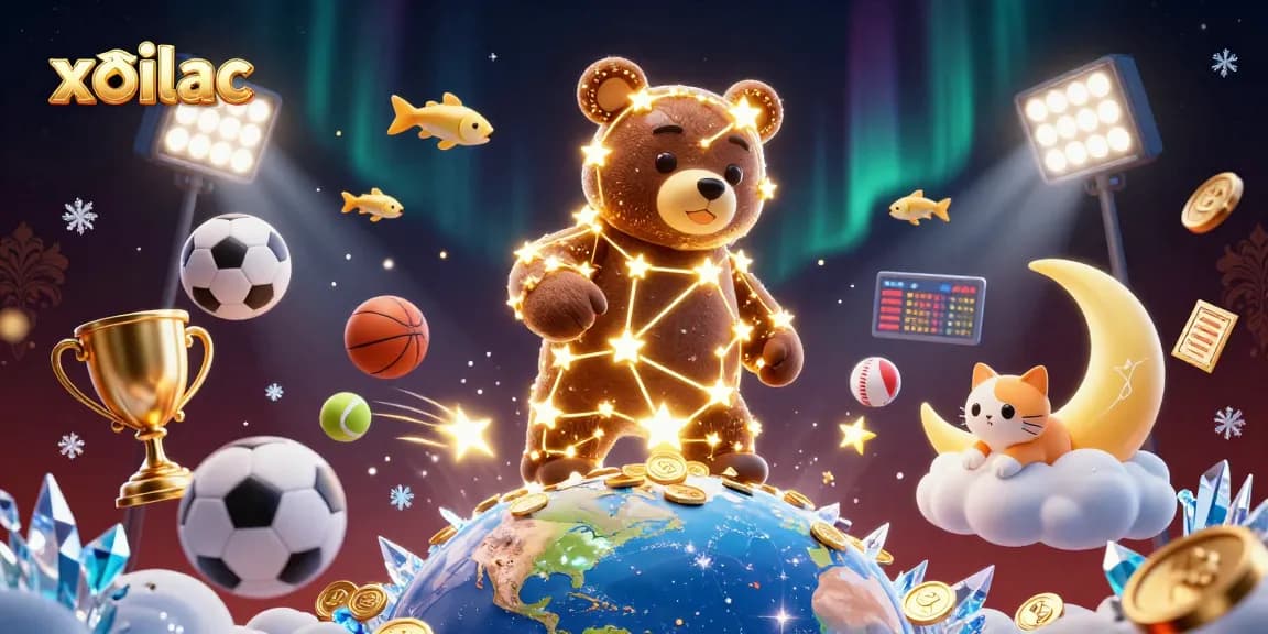 Xoilac casino illustration has a constellation bear and sports elements creating excitement.