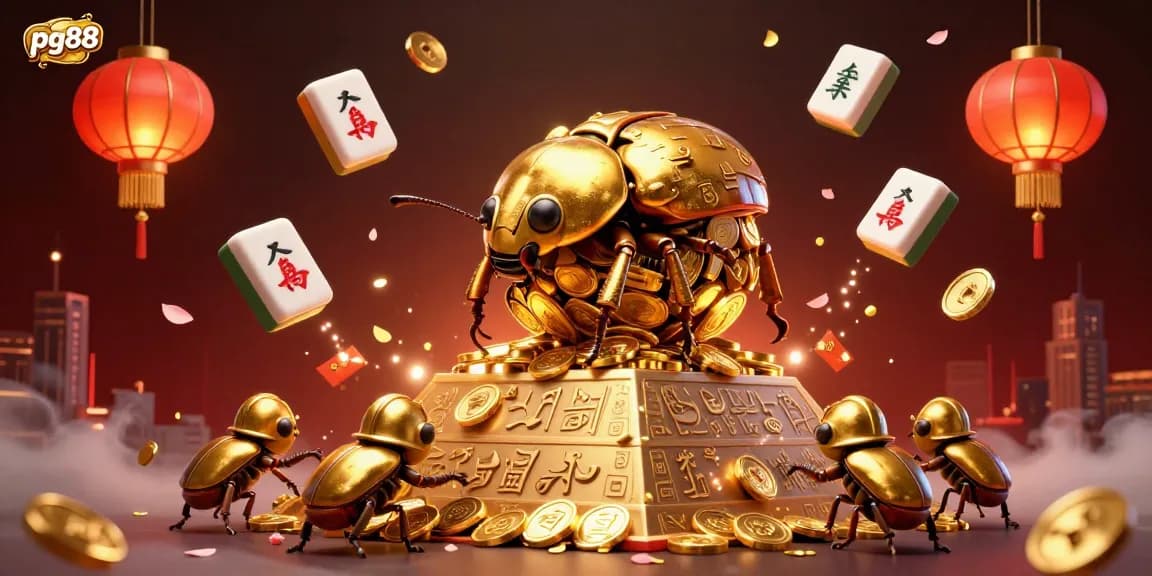pg88 showcases a dynamic scene of a golden dung beetle rolling coins, surrounded by festive gaming elements.