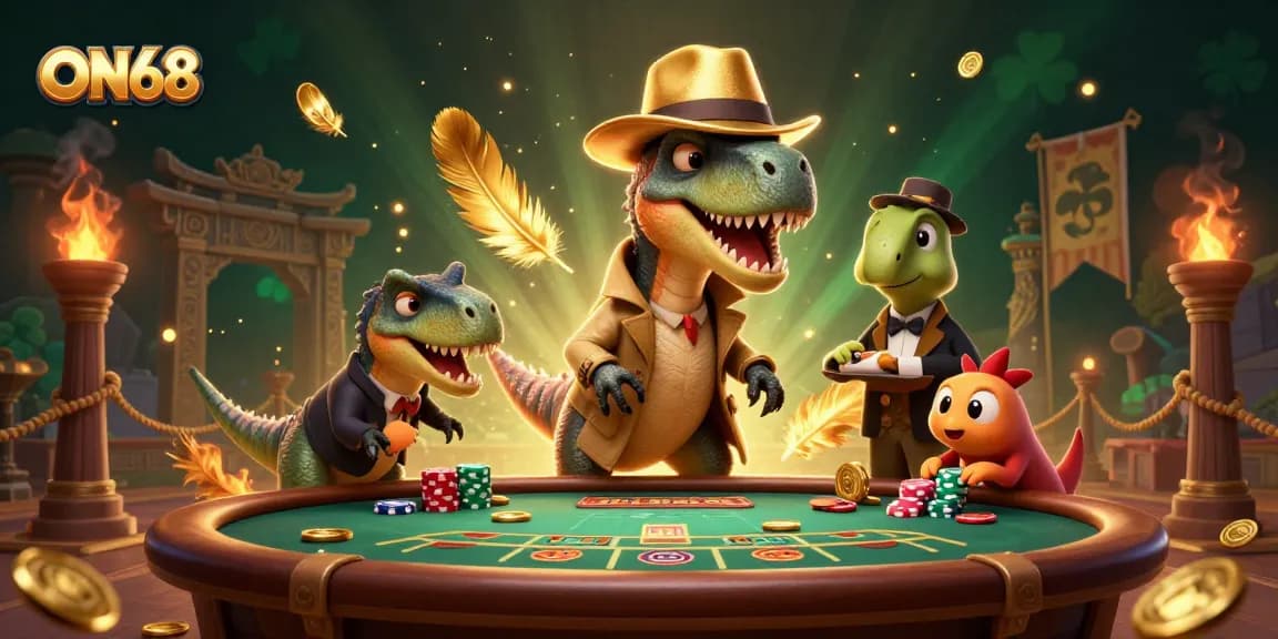 ON68 velociraptor card counter at blackjack table, with a stegosaurus pit boss and a sneaky compy pickpocket.