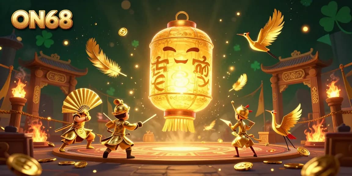 Experience ON68's magical casino atmosphere with a glowing golden lantern spirit and interactive warriors.
