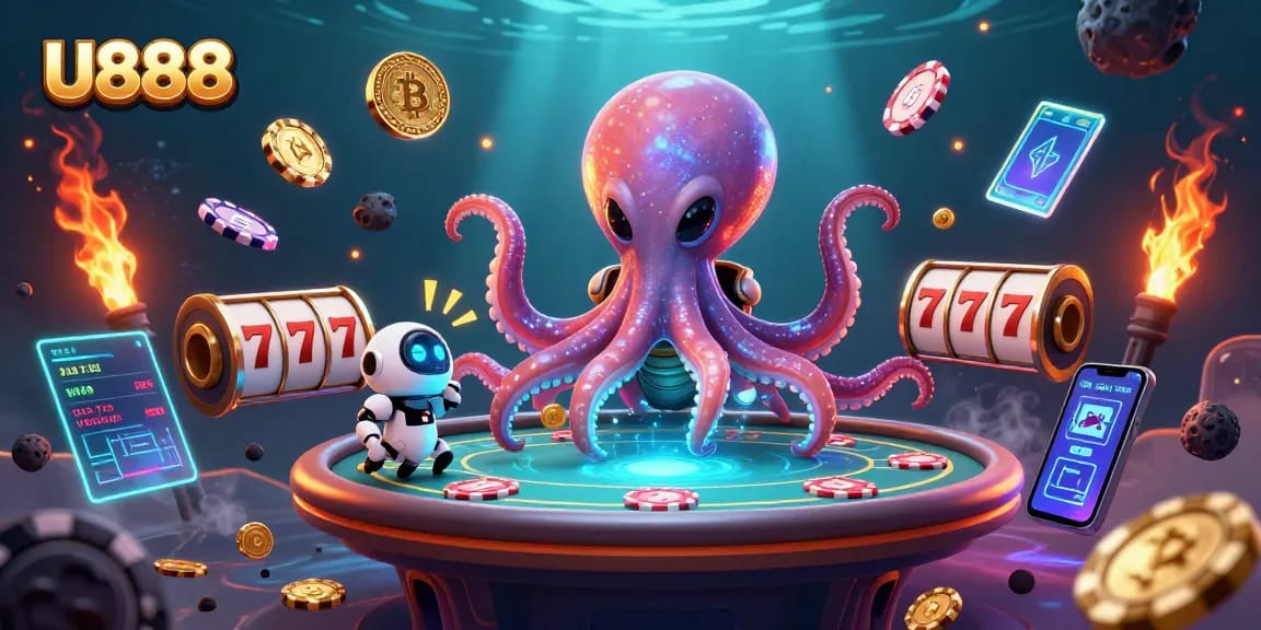 Engage with U888's unique alien-themed poker experience featuring a 3D octopus and vibrant cryptocurrency elements.