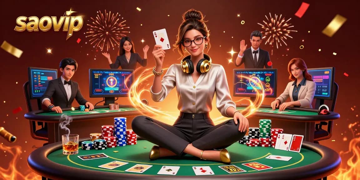 Play dynamic casino games with saovip as an elegant professional gamer showcases poker mastery.
