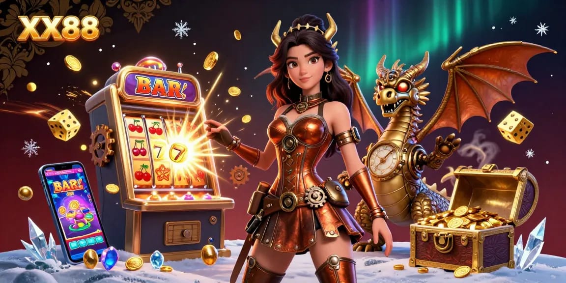 Experience winning moments at XX88 with a stunning steampunk-themed casino illustration showcasing dynamic game elements and a vibrant jackpot.