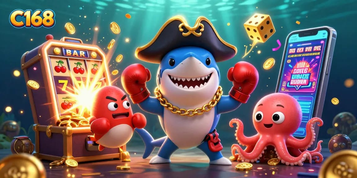 Experience C168 excitement with vibrant casino elements and playful sea creatures.