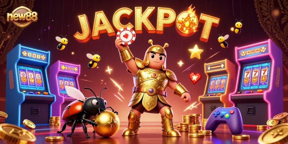 Experience the exciting new88 gaming world with a vibrant jackpot scene featuring lively characters and bold casino elements.