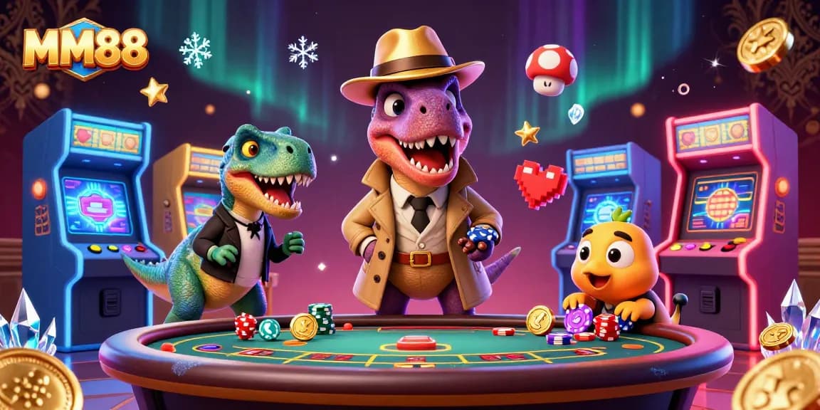 MM88 brings vibrant 3D casino action to life with colorful characters and games in a detailed illustration.