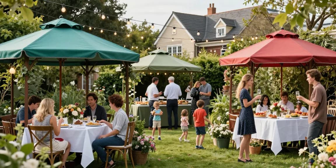 Vibrant outdoor garden event with stylish gazebos showcasing https://www.gazebohirelondon.co.uk/ decor and joyful gatherings.