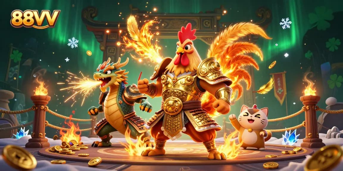 Engage in thrilling betting at 88VV with a fiery rooster warrior and dragon in an epic gaming scene.