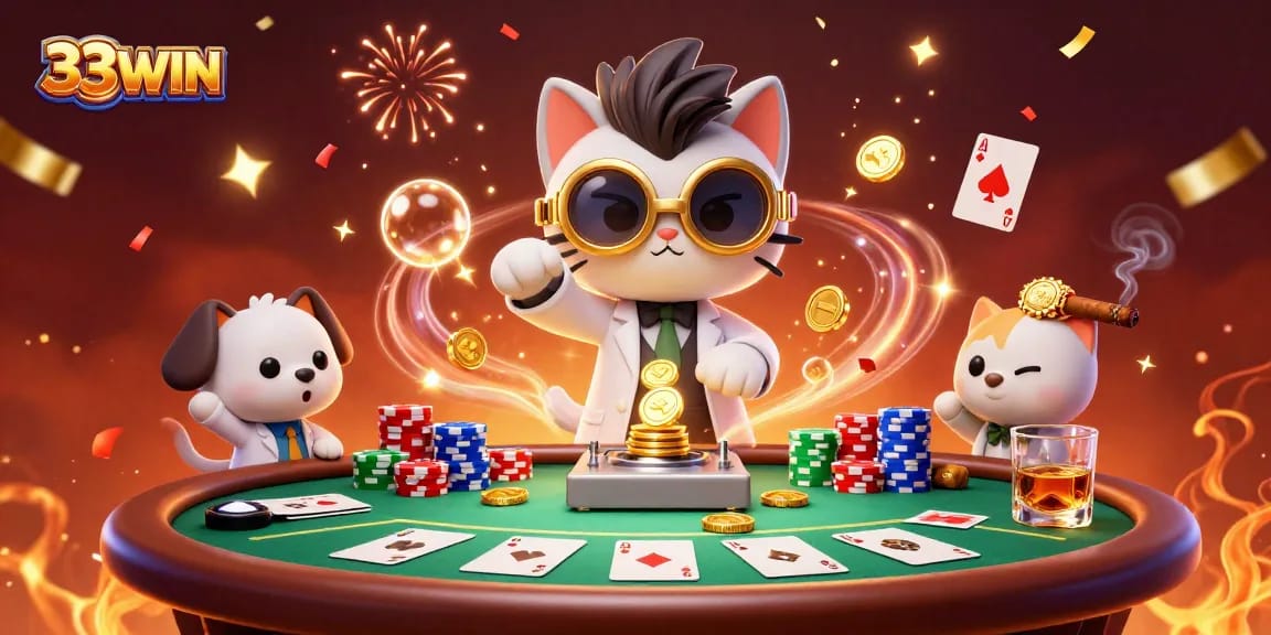 Engage with the thrilling 33WIN poker scene featuring a mad scientist cat and loyal dog amidst vibrant casino elements.
