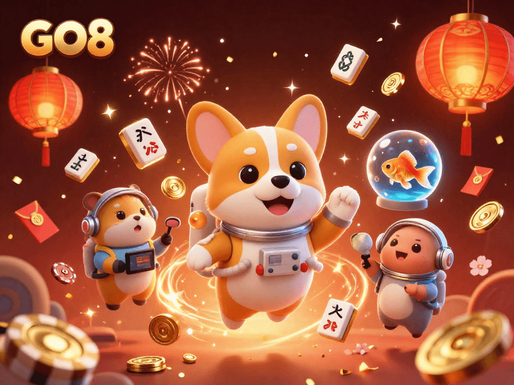 Experience GO8's vibrant casino action with floating coins and lively characters.