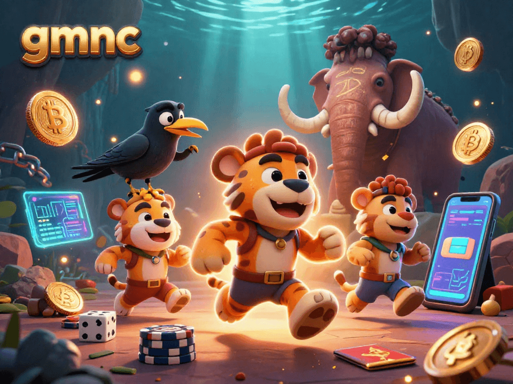 Bet on thrilling adventures with gmnc in this vibrant 3D casino illustration featuring crypto elements.