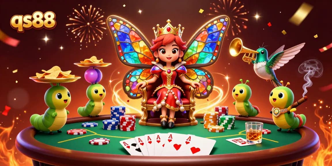 Experience the thrilling world of qs88 with an extravagant poker scene featuring vibrant characters and game elements.