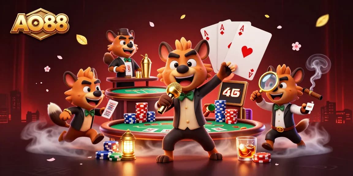 AO88 hyenas performing at a comedy casino club with vibrant poker and drink elements around.