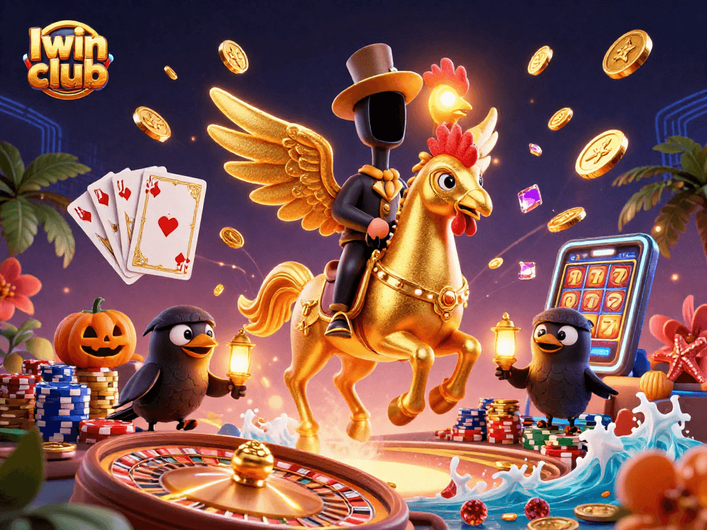 Iwin club offers thrilling casino action, featuring a golden rooster and casino elements in a vibrant 3D scene.