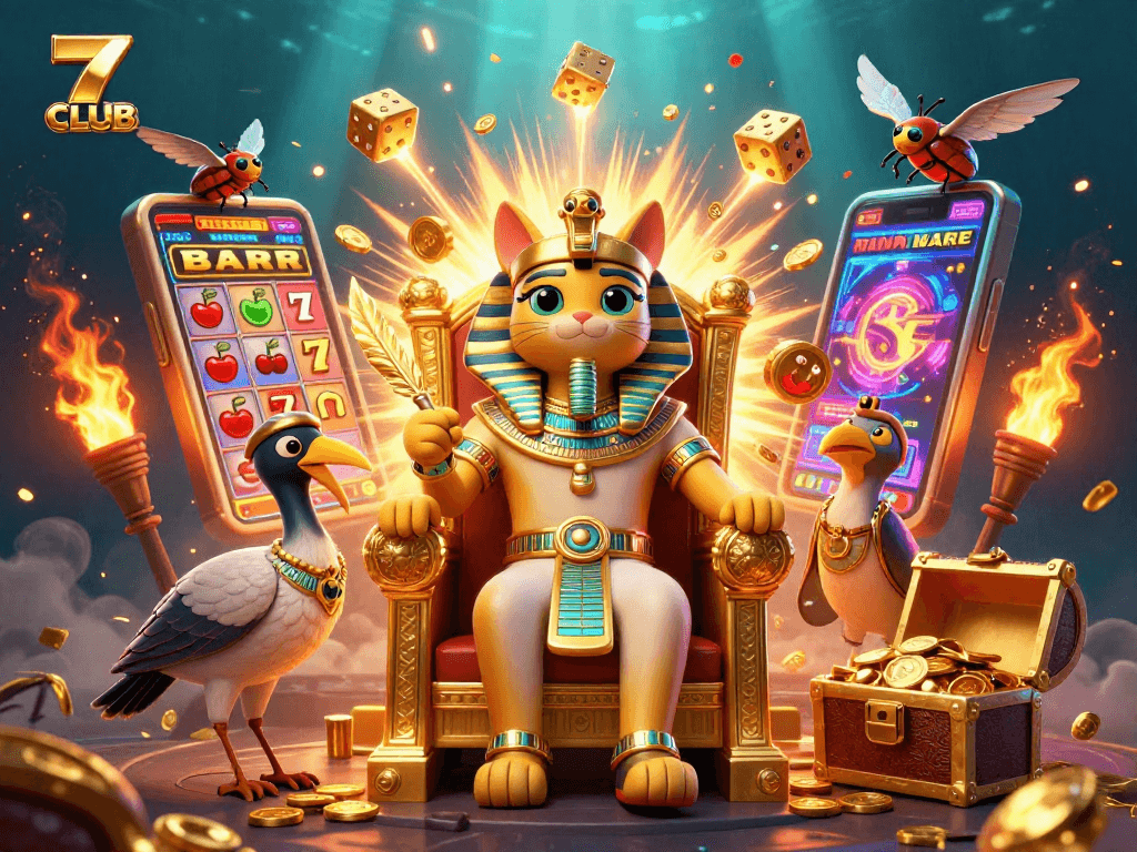 Experience epic wins at 7CLUB with a vibrant scene featuring a pharaoh cat and jackpot excitement!