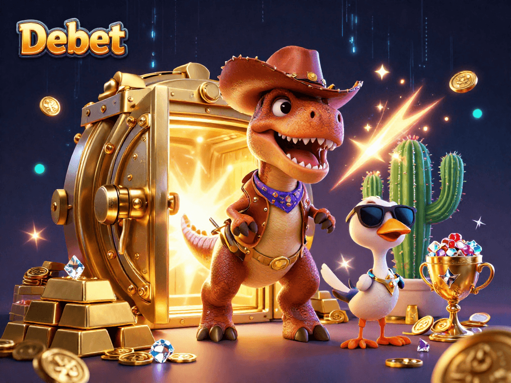 Engage in thrilling gameplay at Debet with a vibrant illustration featuring a cowboy dinosaur and treasure.