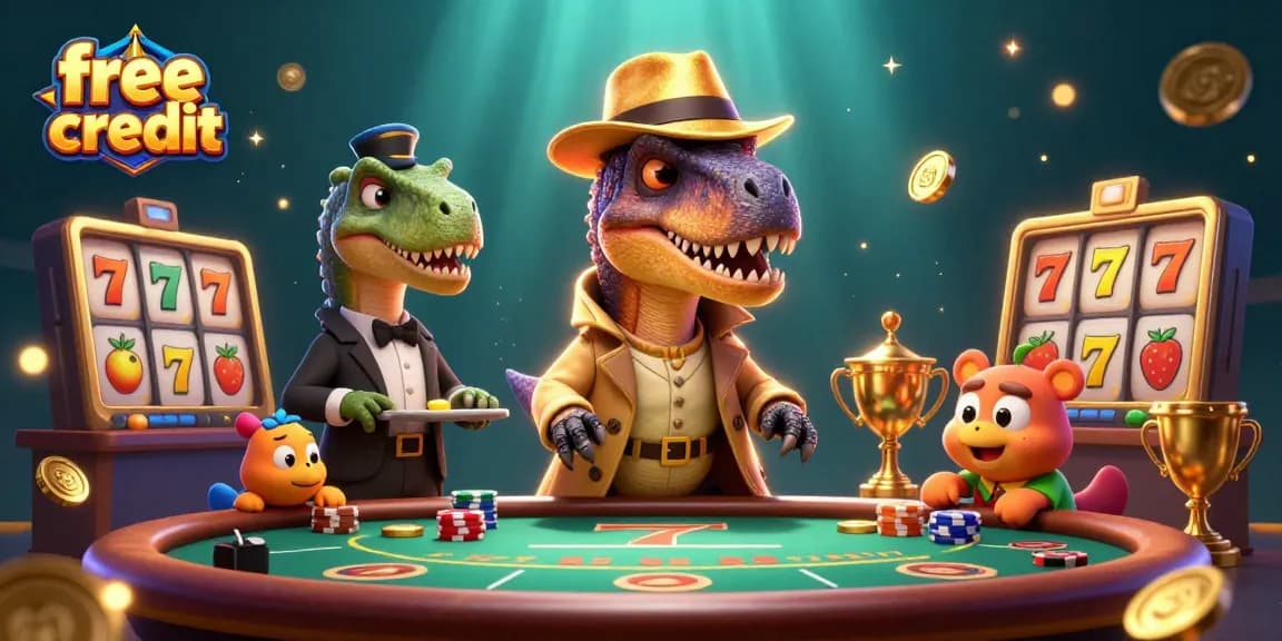 Experience exciting free credit offers at a lively casino jungle with cartoon dinosaurs.