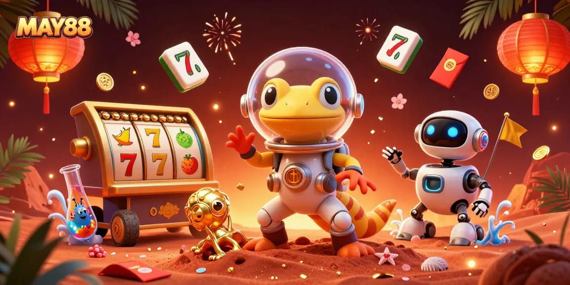 MAY88 unveils the excitement of online slots amidst a Martian casino adventure.