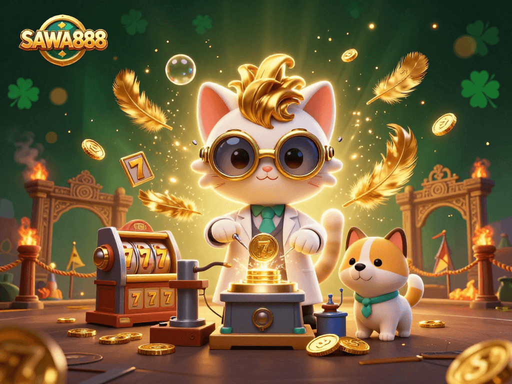 Engage with SAWA888's immersive gaming experience featuring a mad scientist cat and loyal dog amidst a vibrant casino scene.