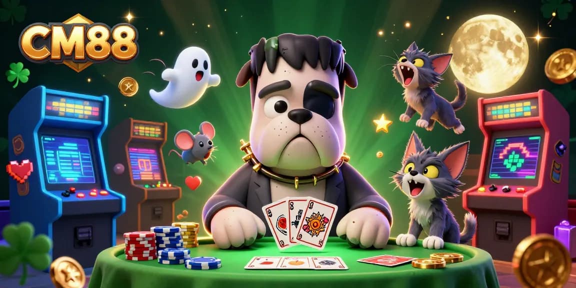 Engage with CM88's thrilling card games featuring a 3D Frankenstein bulldog dealer in a vibrant casino.