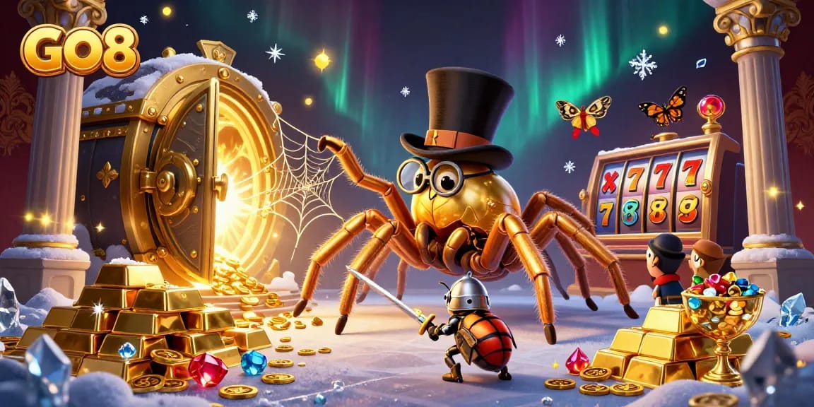 Engage with GO8's golden casino adventure featuring a giant tarantula and knight.