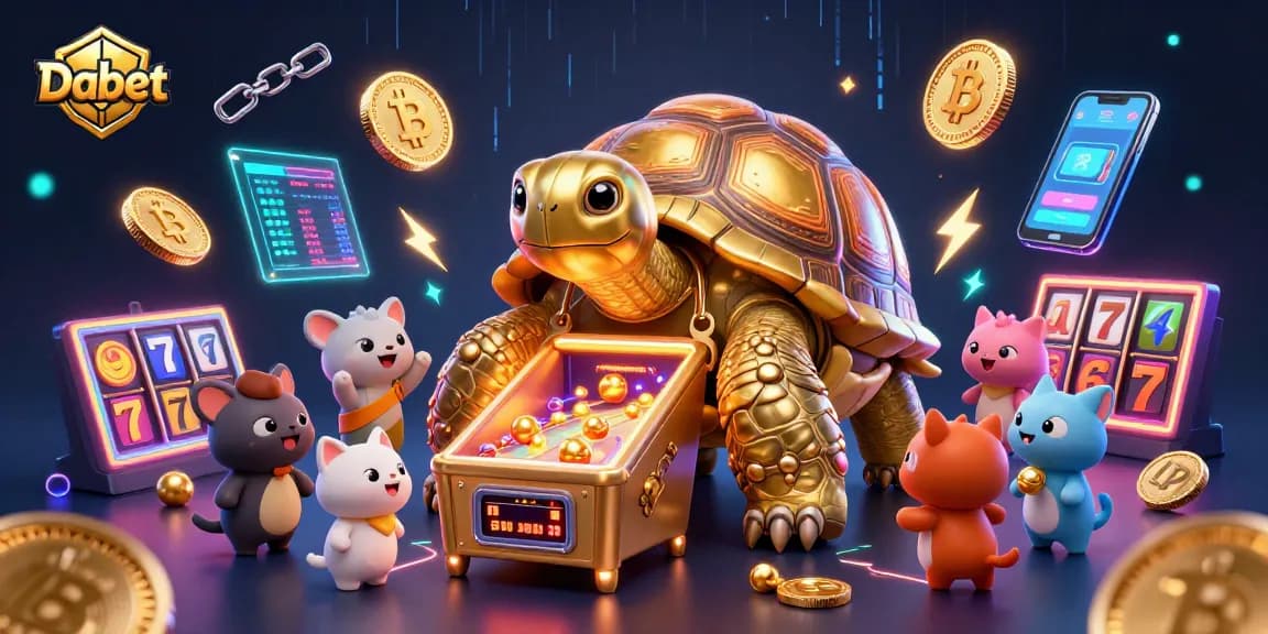 Dabet presents an exciting 3D casino scene with characters, golden tortoise, and vibrant game elements illuminating the action.