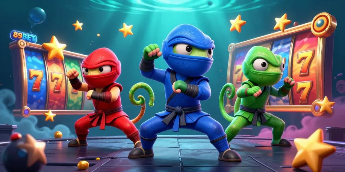 Play thrilling slots with 89BET featuring dynamic chameleon ninjas and colorful slot elements.