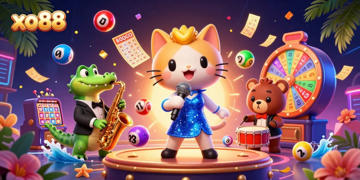 Experience exciting gameplay with xo88 as vibrant lottery balls, tickets, and characters celebrate on stage.