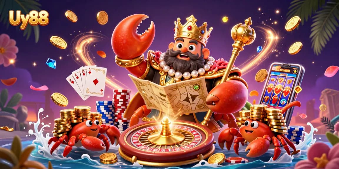 Experience exciting gaming at Uy88 with a golden crab emperor amidst casino elements and vibrant visuals.