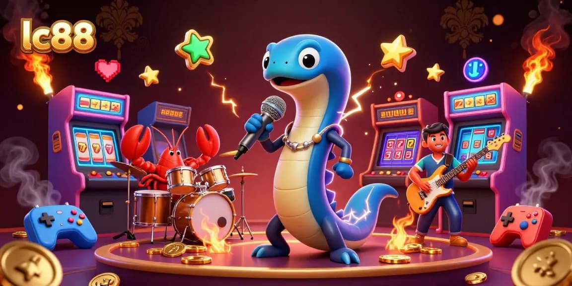 Engage with lc88's energetic underwater casino scene featuring an electric eel DJ and vibrant game elements.