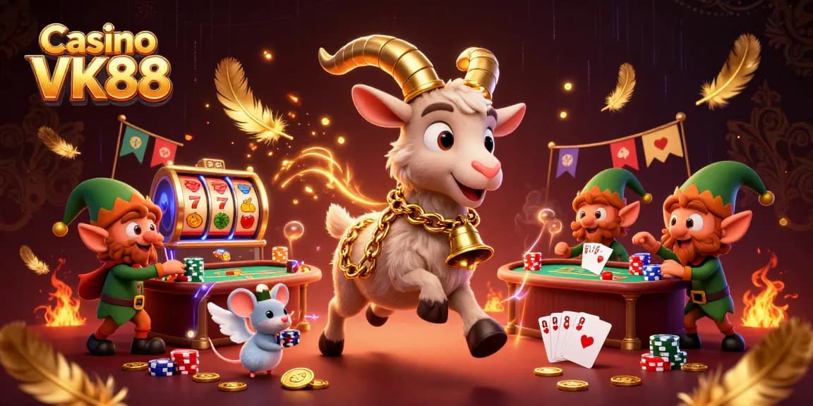 Experience the thrill of Casino VK88 with festive characters amidst lively gaming elements, including slots and poker tables.