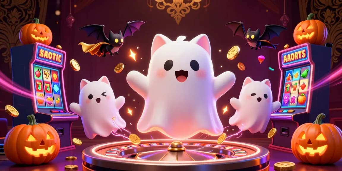 Engage with Fabet's vibrant online casino featuring a ghost cat, a bat companion, and glowing gaming symbols.
