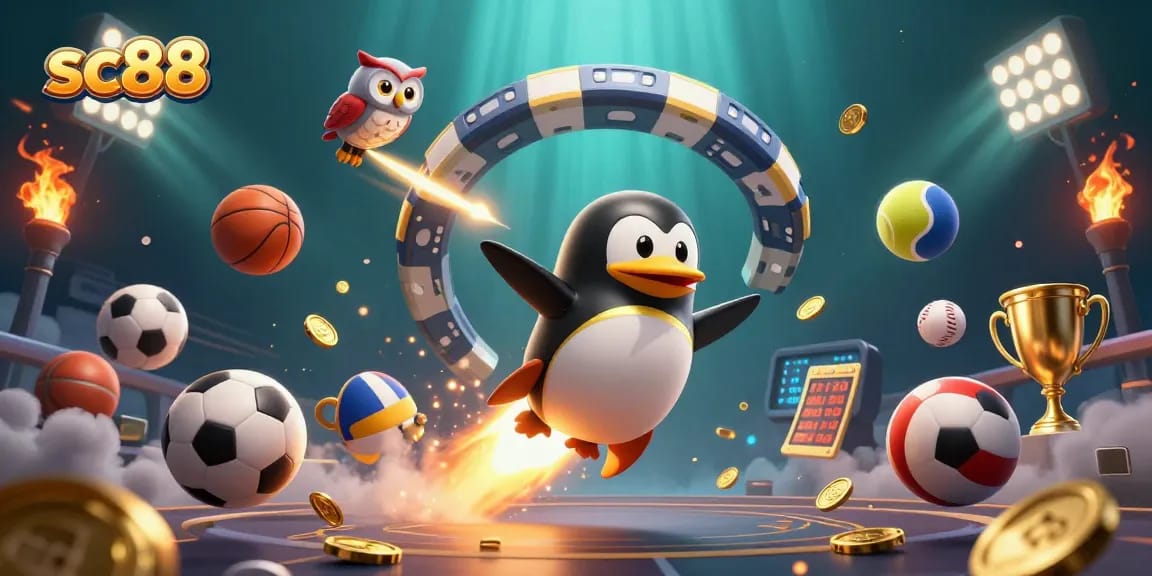 Experience sc88 excitement with a golden penguin racing towards a giant poker chip casino, surrounded by vibrant sports elements.