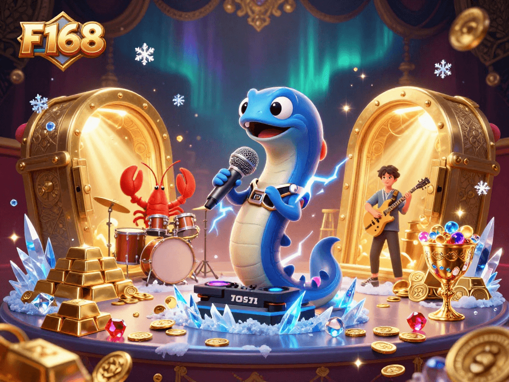 Experience the thrilling underwater casino atmosphere as F168's electric eel DJ performs with dazzling treasures and gem-filled scenes.