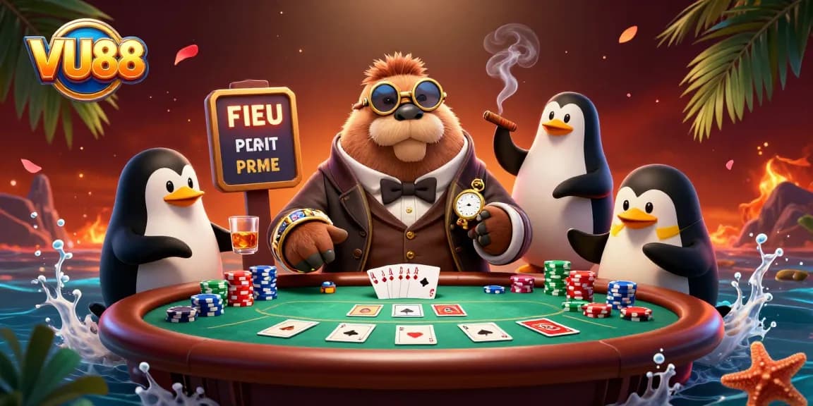 Experience VU88's unique underwater poker scene featuring a jolly walrus and dynamic gameplay.