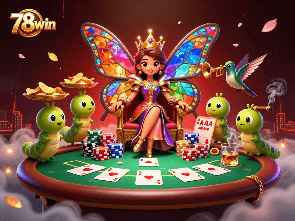 Experience poker excitement at 78win with mesmerizing characters in a colorful casino setting.