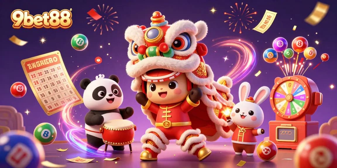 Experience thrilling gameplay at 9bet88 with interactive lottery balls and festive characters in action.