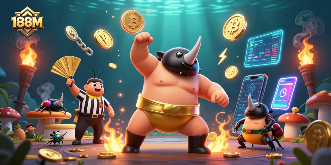 Experience thrilling gameplay at 188M with a 3D beetle sumo champion and rich casino elements flying around.