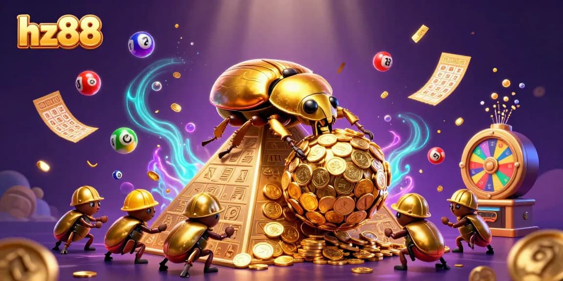 Experience excitement with Hz88, featuring a golden beetle amidst vibrant casino elements.