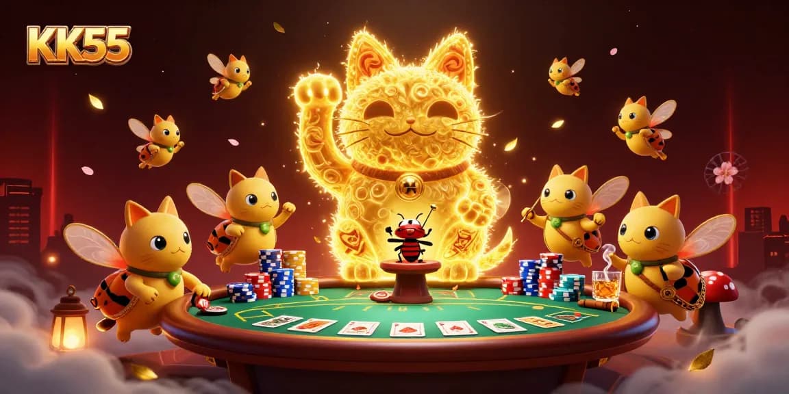 Engage with KK55's vibrant gaming scene featuring golden lucky cats and poker elements.