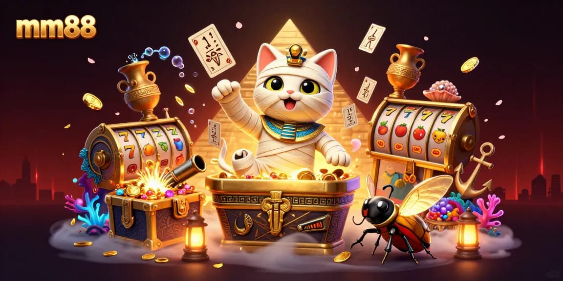 Play thrilling games at mm88, featuring an Egyptian mummy cat, scarab beetle, and dynamic casino elements.