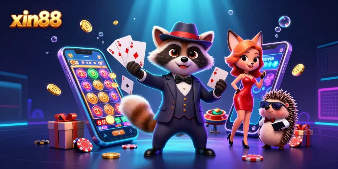 Experience the excitement of xin88 with a charming raccoon, fox, and hedgehog in a vibrant casino scene filled with winning elements.