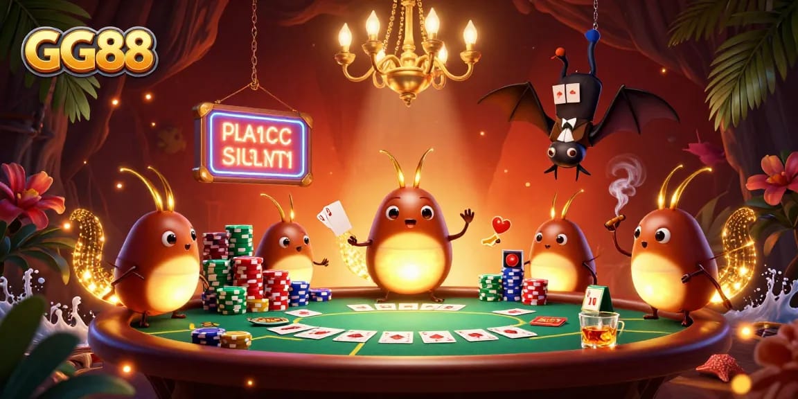 Engage in GG88's vibrant cave casino, illuminated by glowworms and poker elements.