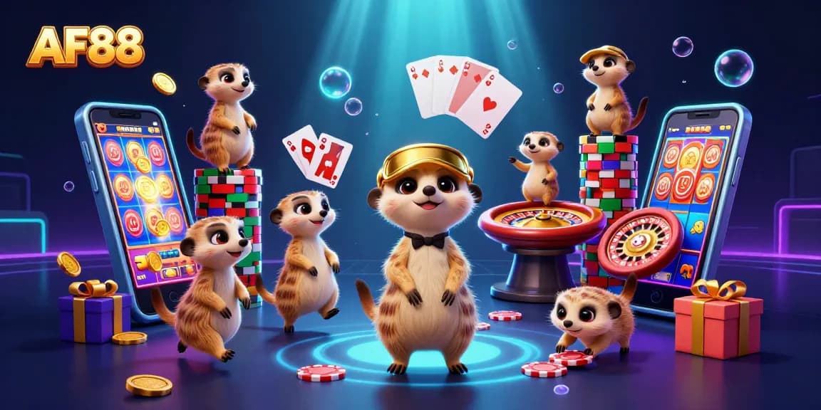 Experience the vibrant casino world of AF88 with meerkats running games and chip towers.