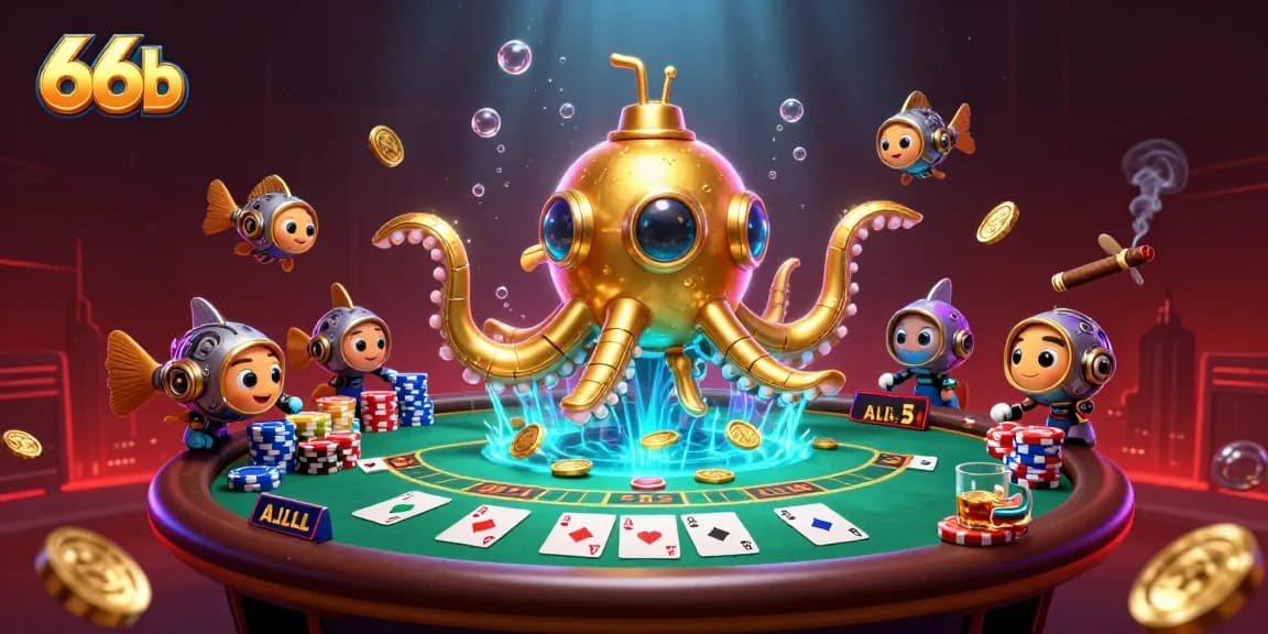 Engage with 66b's thrilling casino adventure featuring a golden kraken submarine amidst poker excitement.
