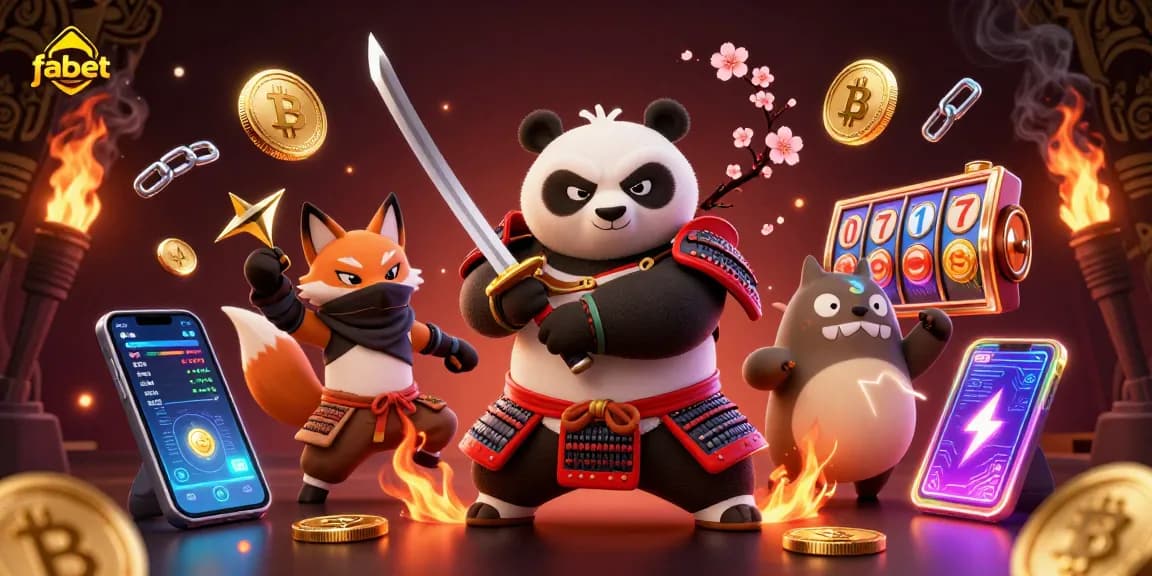 Experience fabet's dynamic casino action with a samurai panda and ninja fox in a vibrant scene.